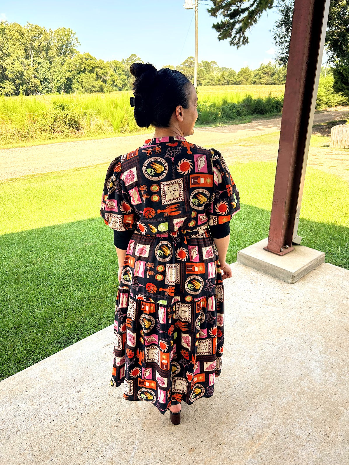 GiGiO Printed Short Puff Sleeve Midi Dress