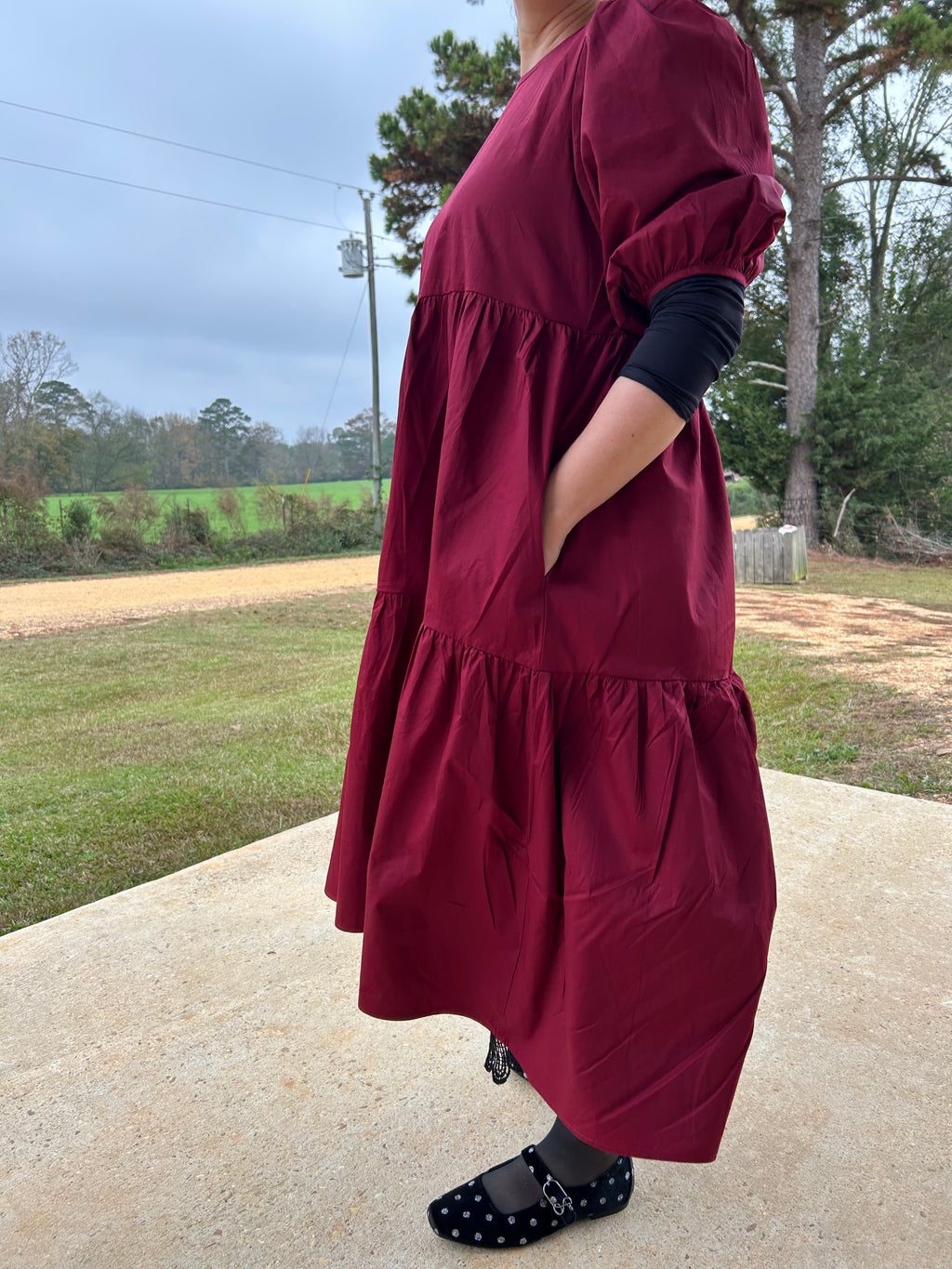 Poplin Puff Sleeve Tiered Midi Dress with Pockets