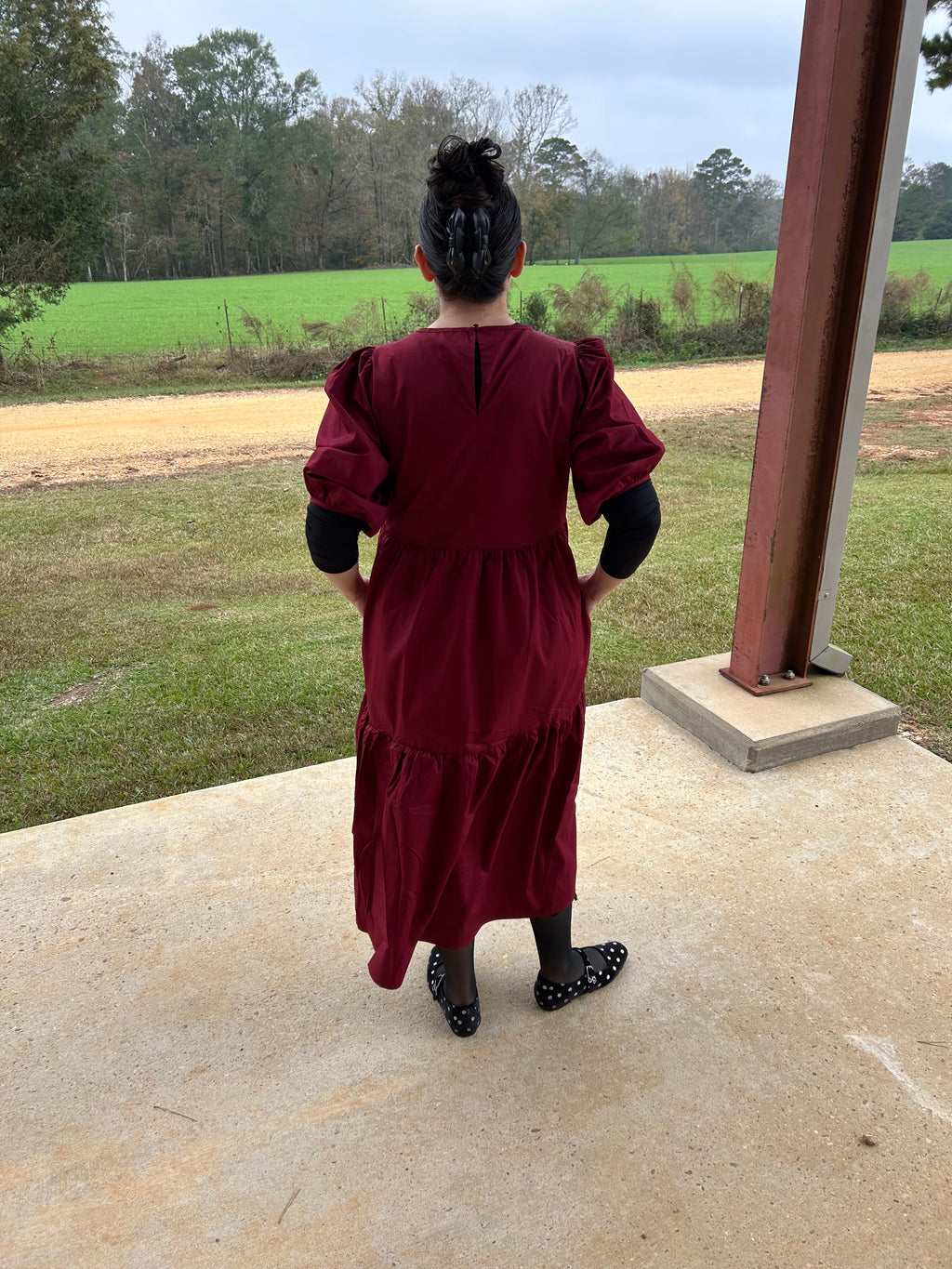 Poplin Puff Sleeve Tiered Midi Dress with Pockets