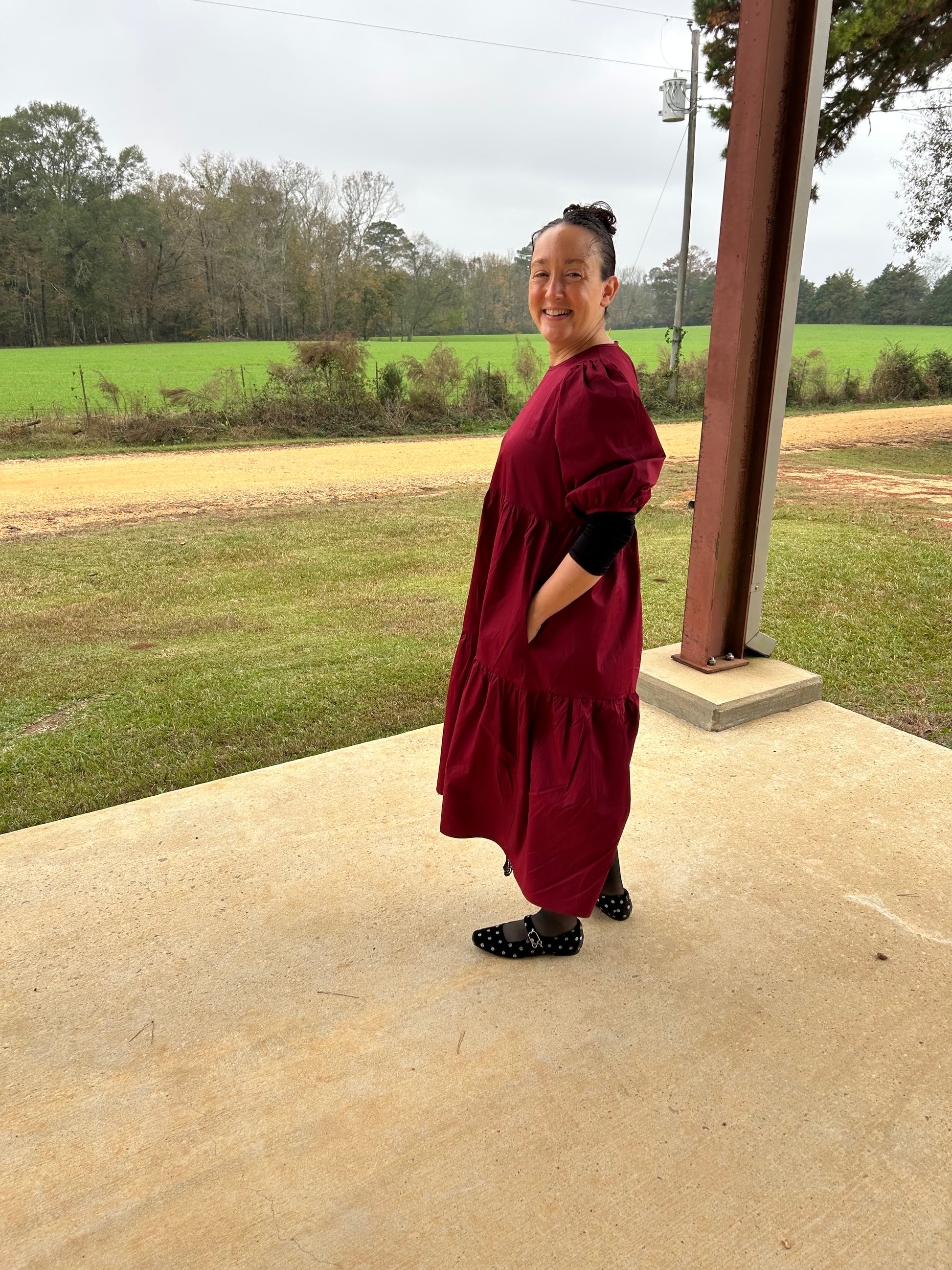 Poplin Puff Sleeve Tiered Midi Dress with Pockets