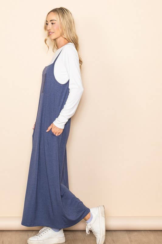 Pocket Detailed Overall Sleeveless Maxi Dress with Pockets
