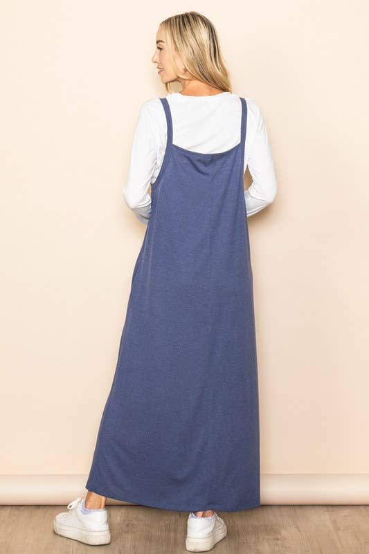 Pocket Detailed Overall Sleeveless Maxi Dress with Pockets