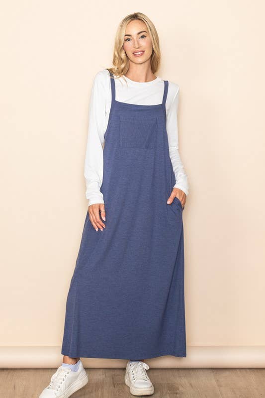 Pocket Detailed Overall Sleeveless Maxi Dress with Pockets