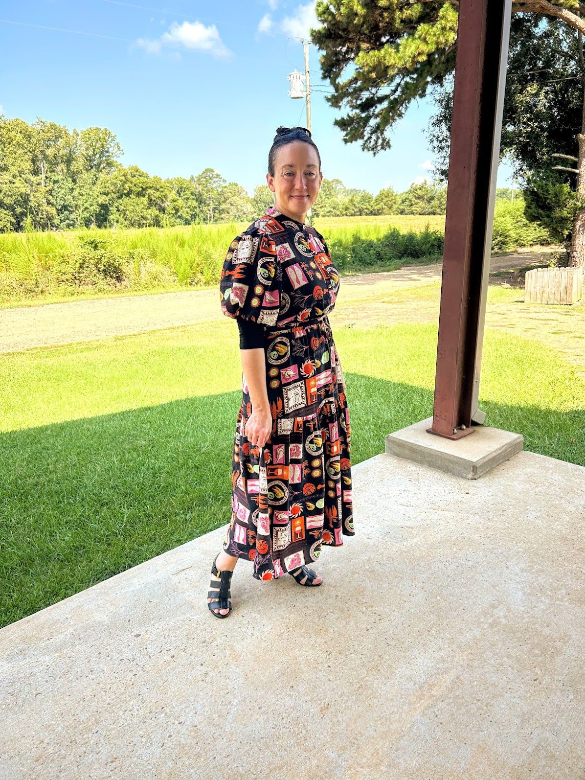 GiGiO Printed Short Puff Sleeve Midi Dress