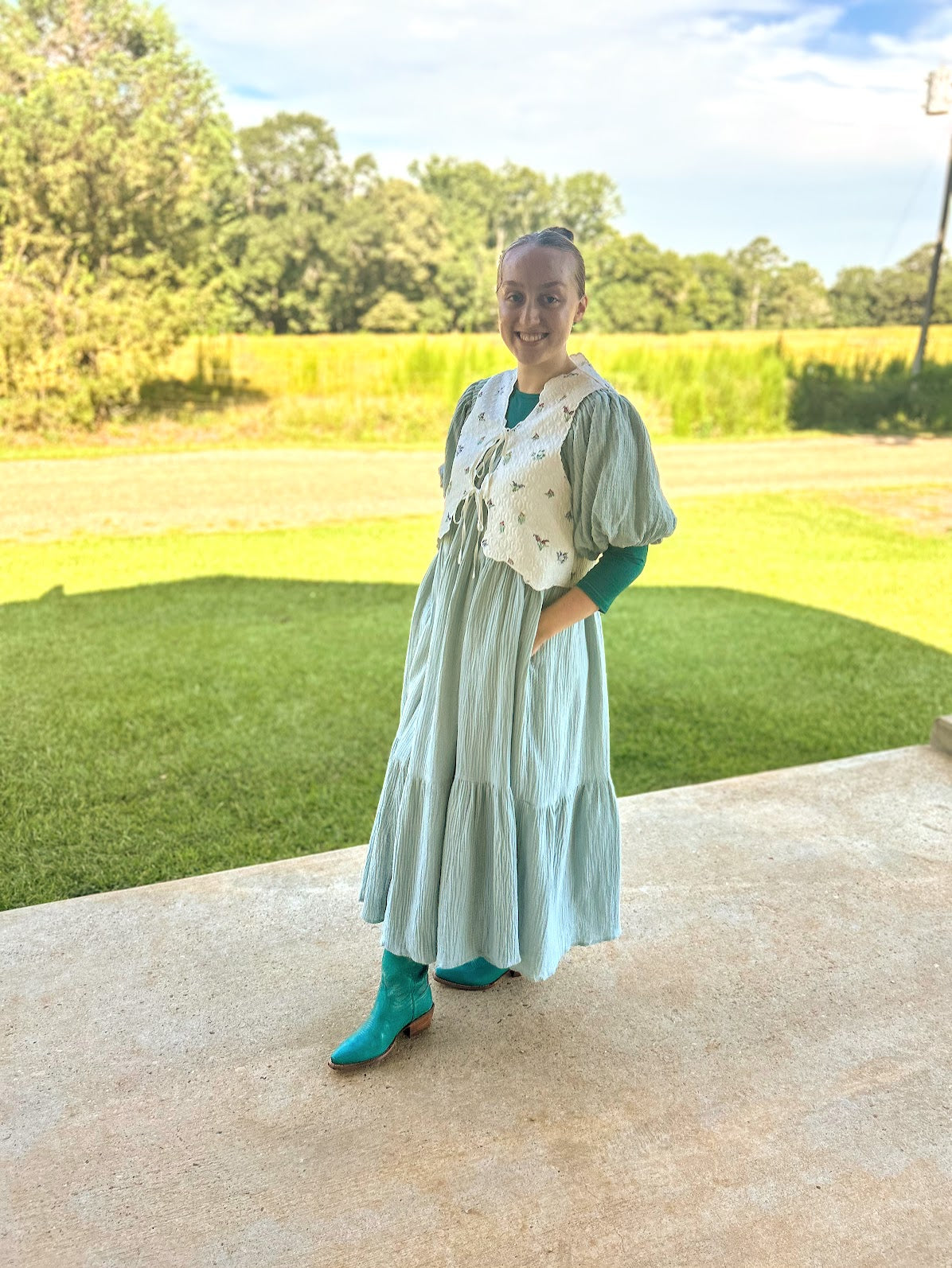 Mable Puff Sleeve Gauze Dress With Braid Belt