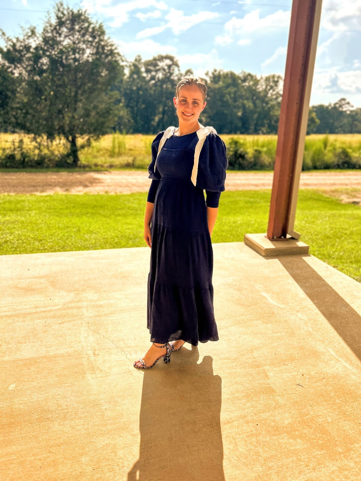 Klesis Contrast Bow Gauze Puff Sleeve Tiered Maxi Dress