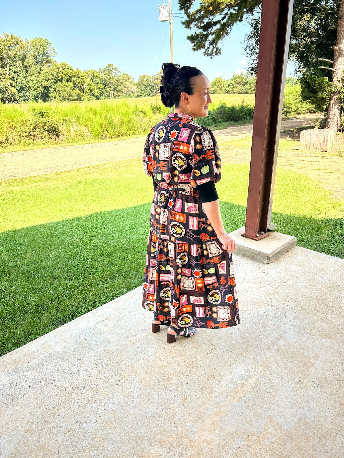 GiGiO Printed Short Puff Sleeve Midi Dress
