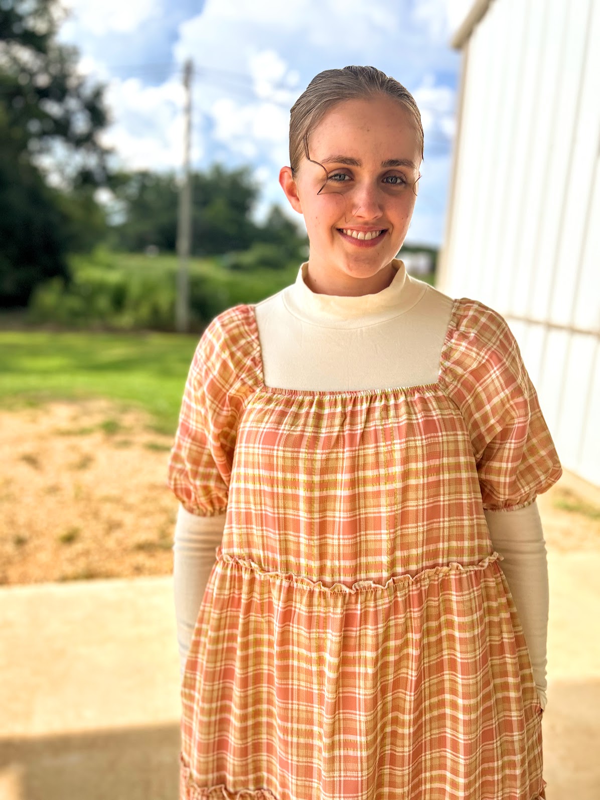Polagram Plaid Maxi Dress With Bubble Sleeve