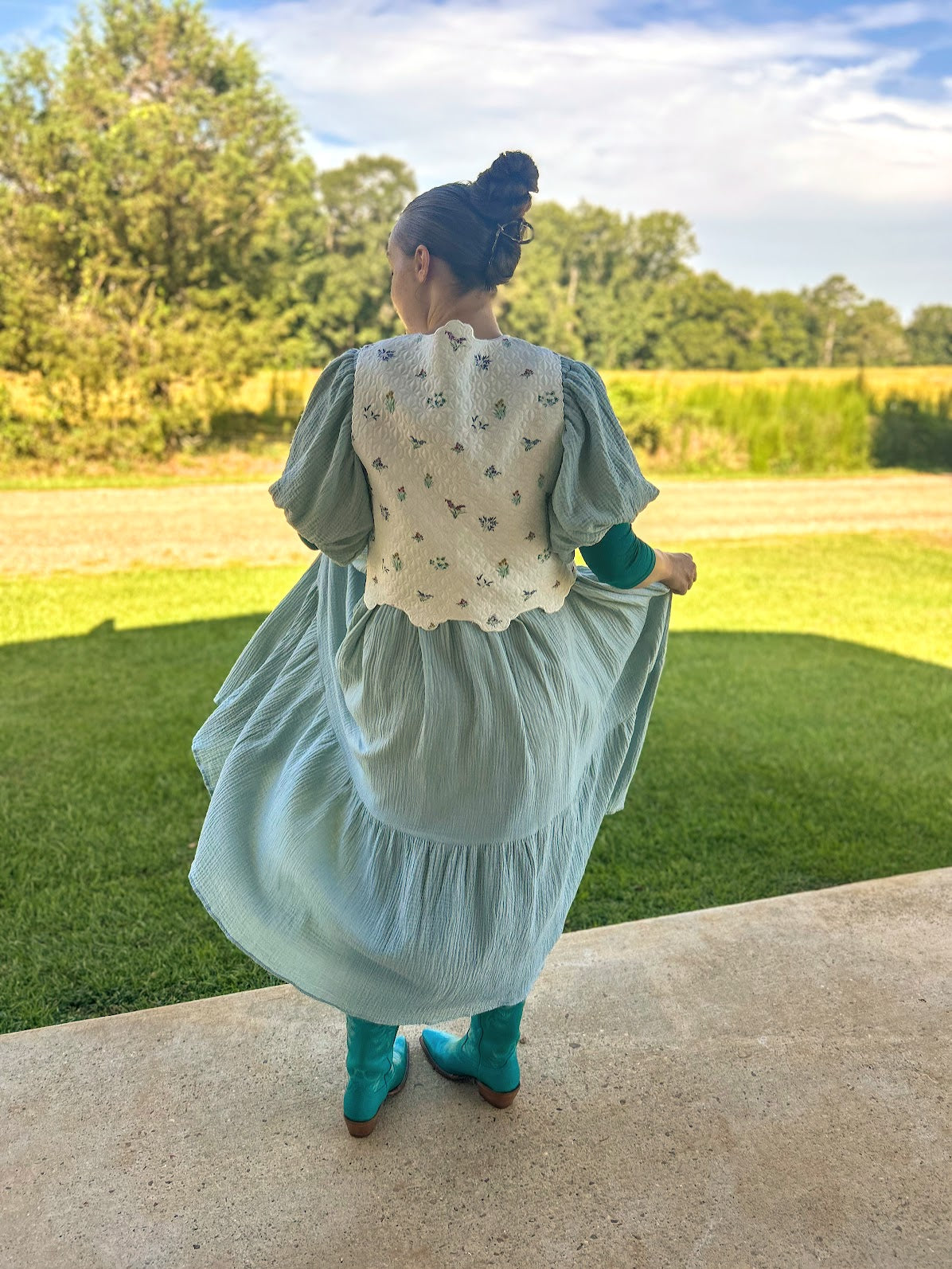 Mable Puff Sleeve Gauze Dress With Braid Belt