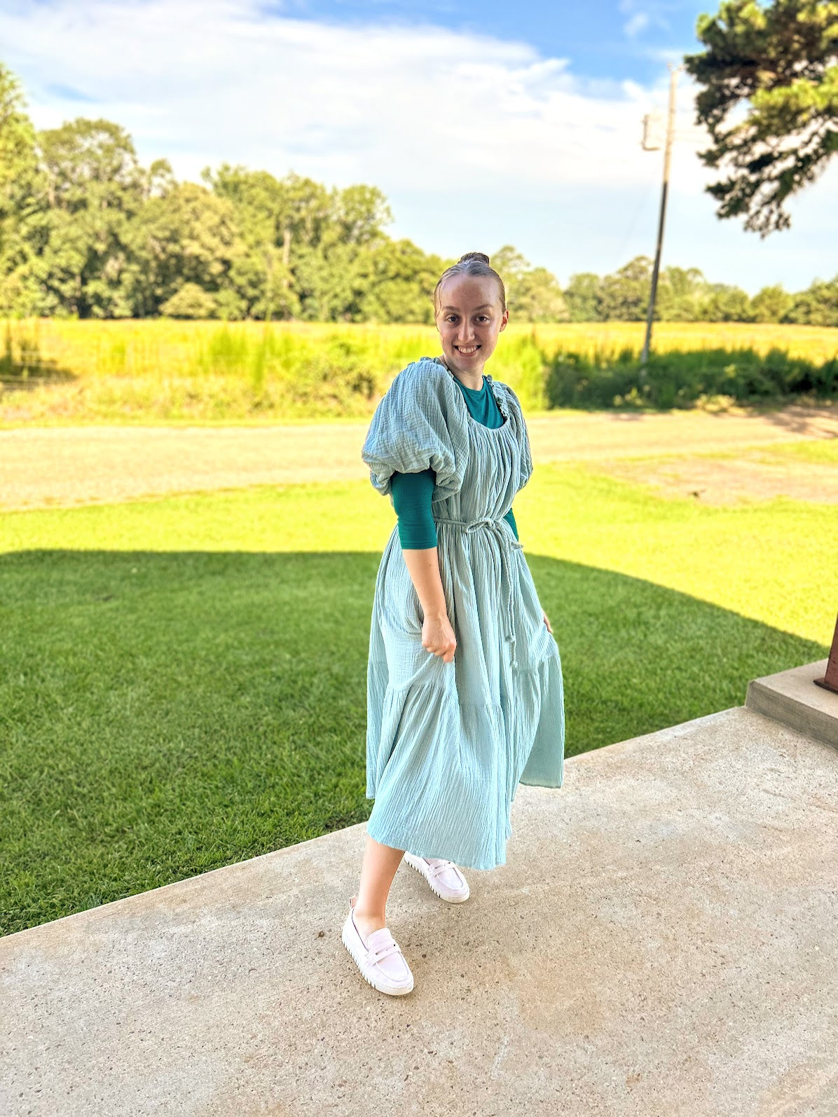 Mable Puff Sleeve Gauze Dress With Braid Belt