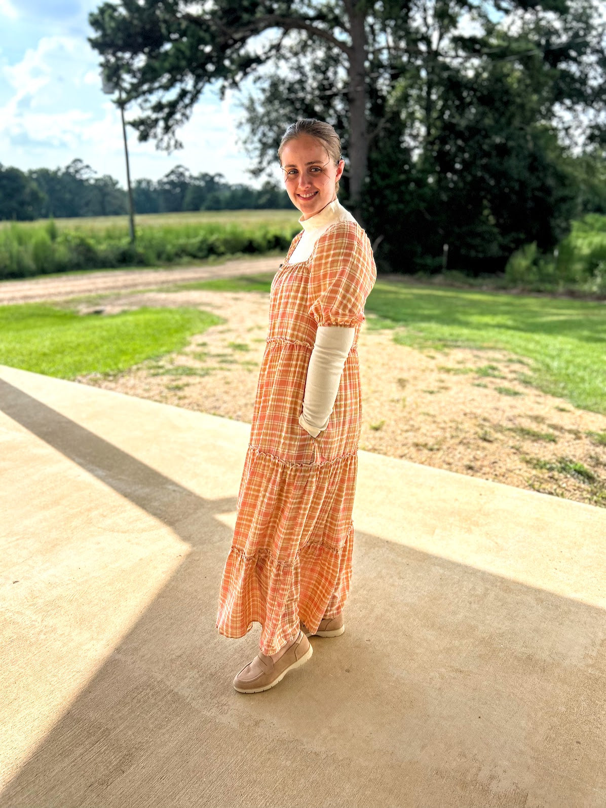 Polagram Plaid Maxi Dress With Bubble Sleeve