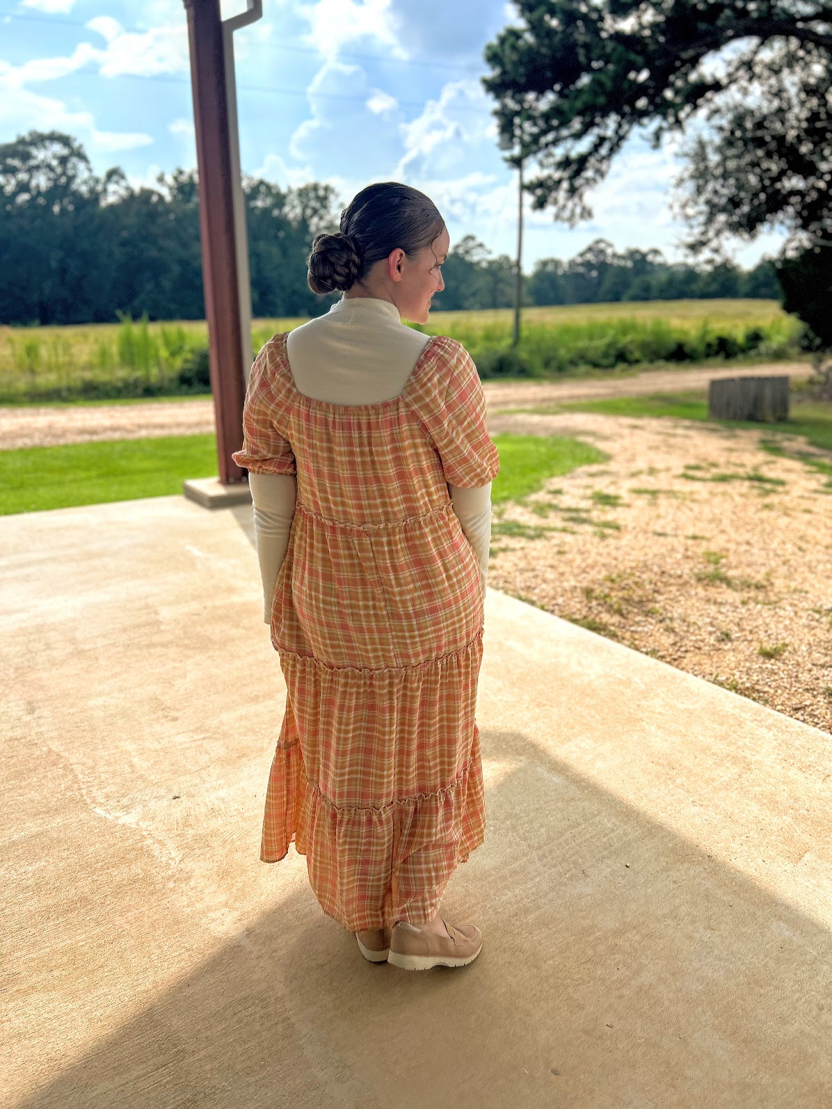Polagram Plaid Maxi Dress With Bubble Sleeve