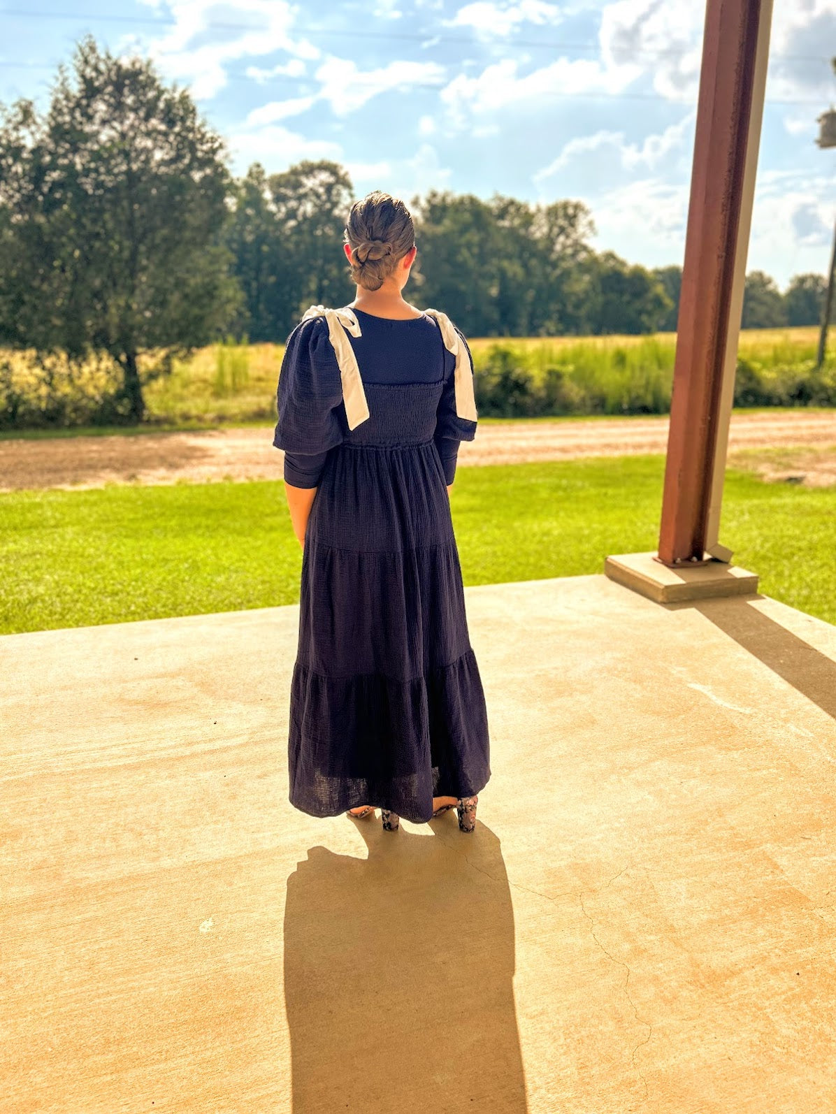 Klesis Contrast Bow Gauze Puff Sleeve Tiered Maxi Dress