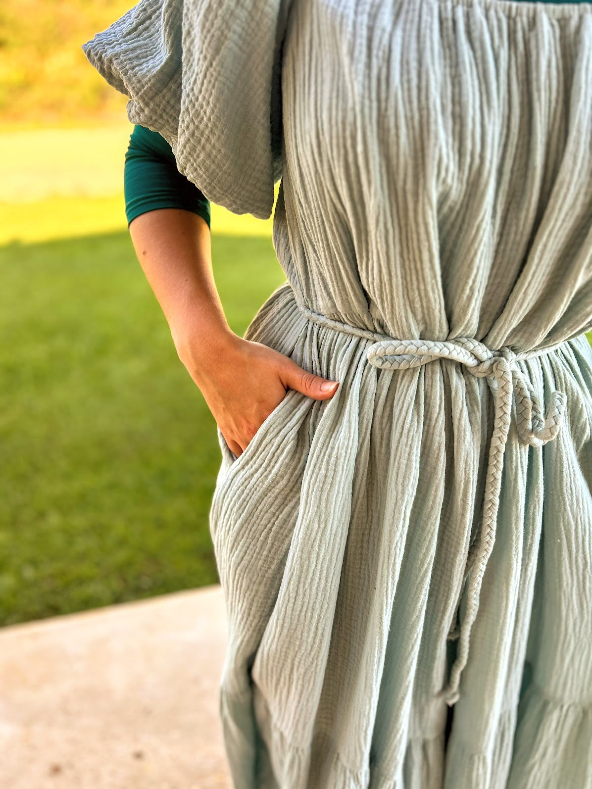 Mable Puff Sleeve Gauze Dress With Braid Belt