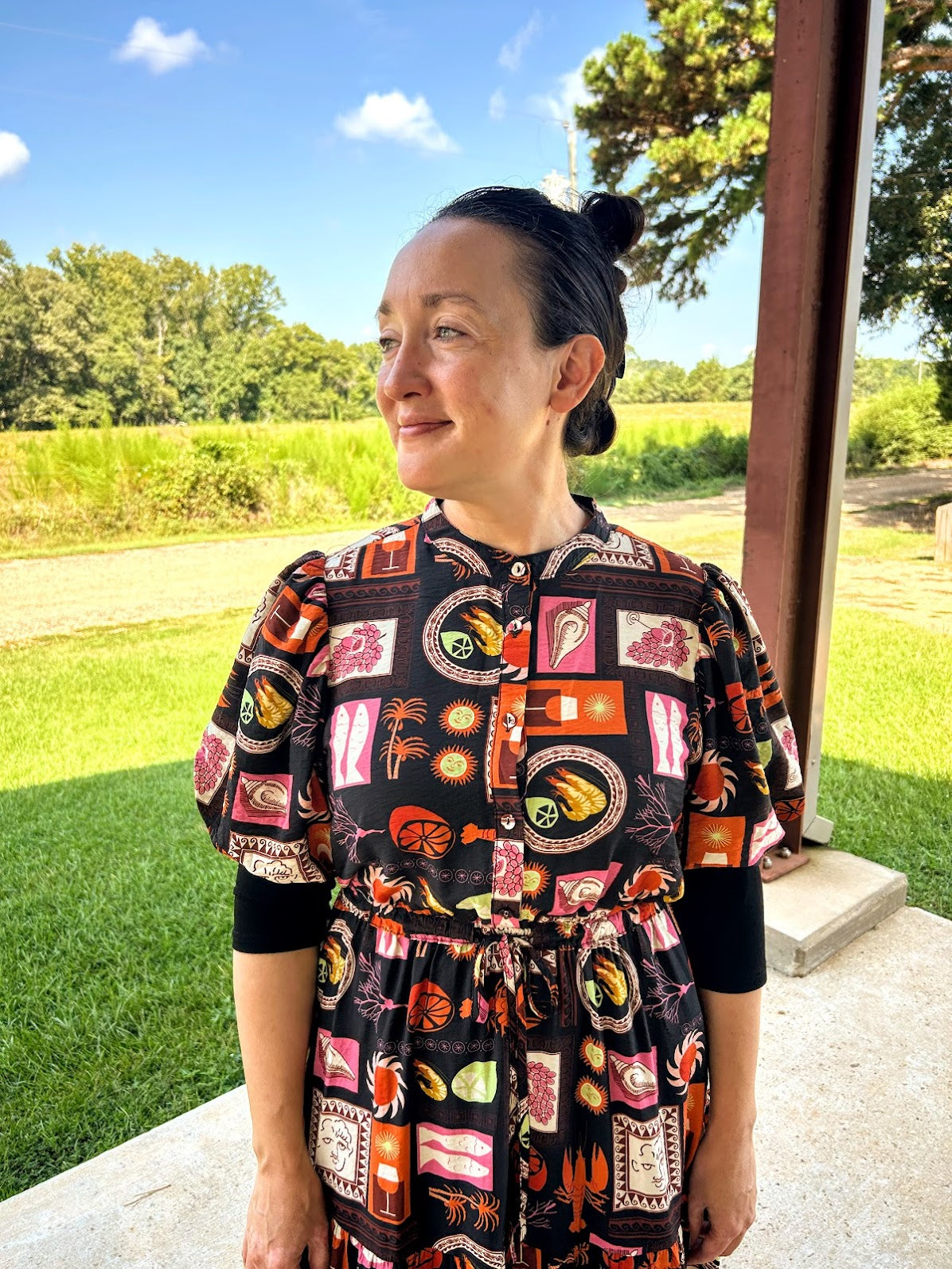 GiGiO Printed Short Puff Sleeve Midi Dress