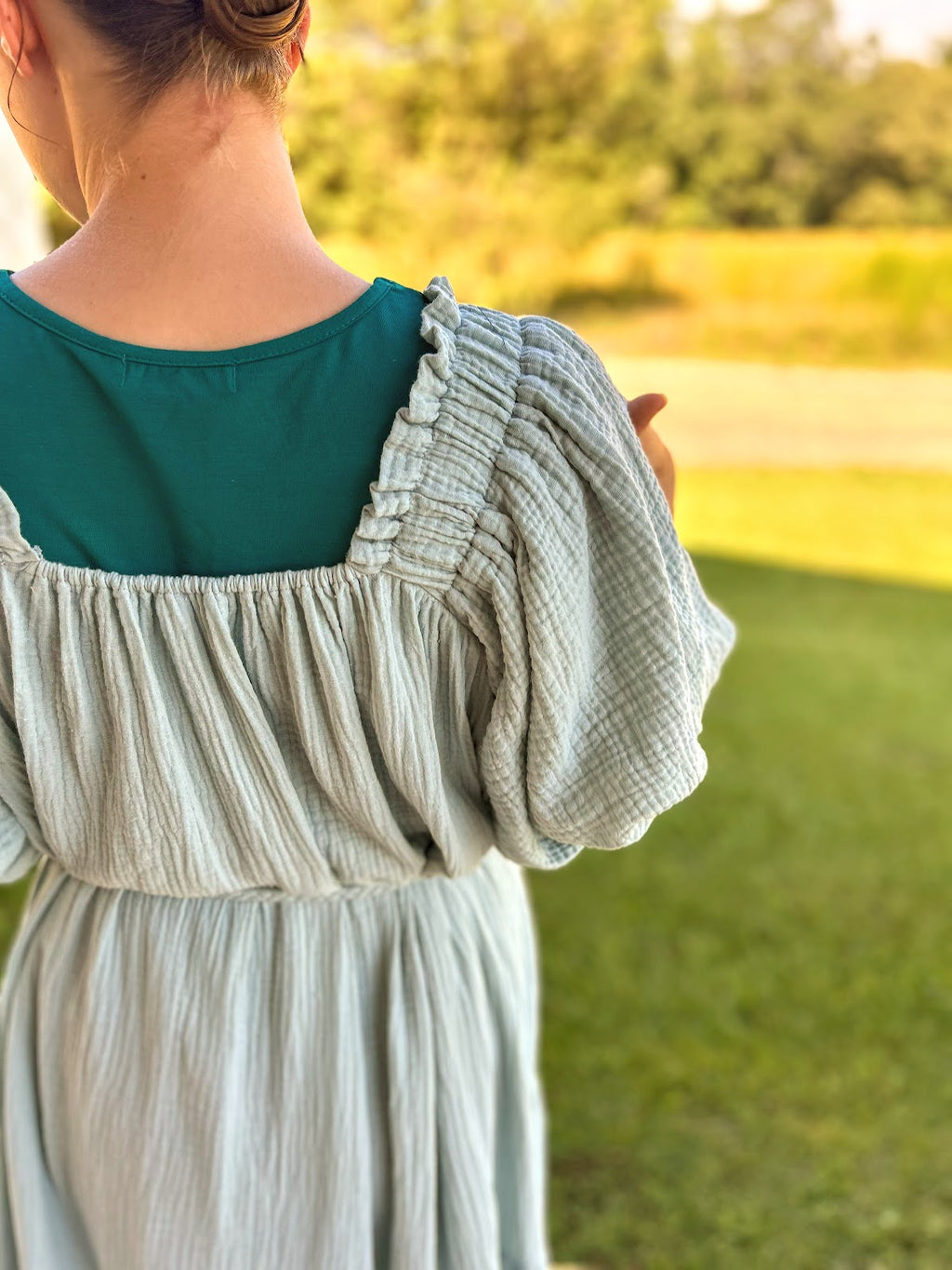 Mable Puff Sleeve Gauze Dress With Braid Belt