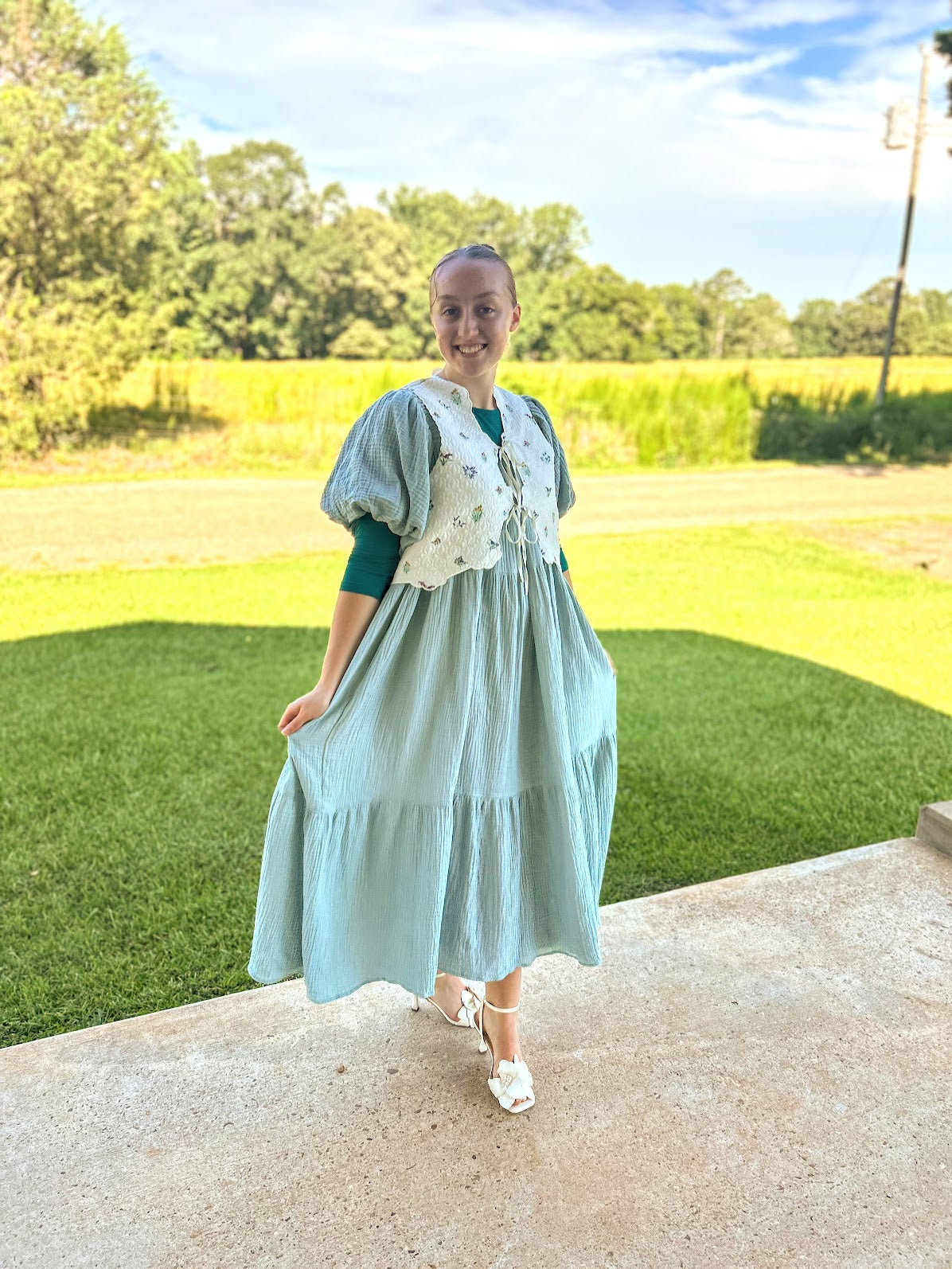 Mable Puff Sleeve Gauze Dress With Braid Belt