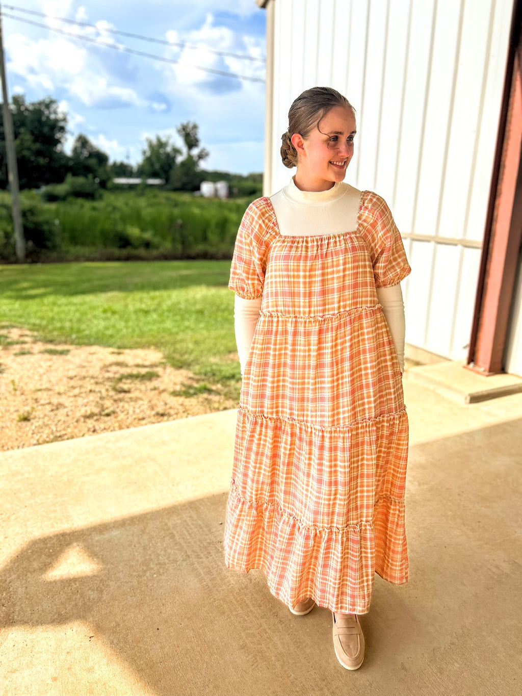 Polagram Plaid Maxi Dress With Bubble Sleeve
