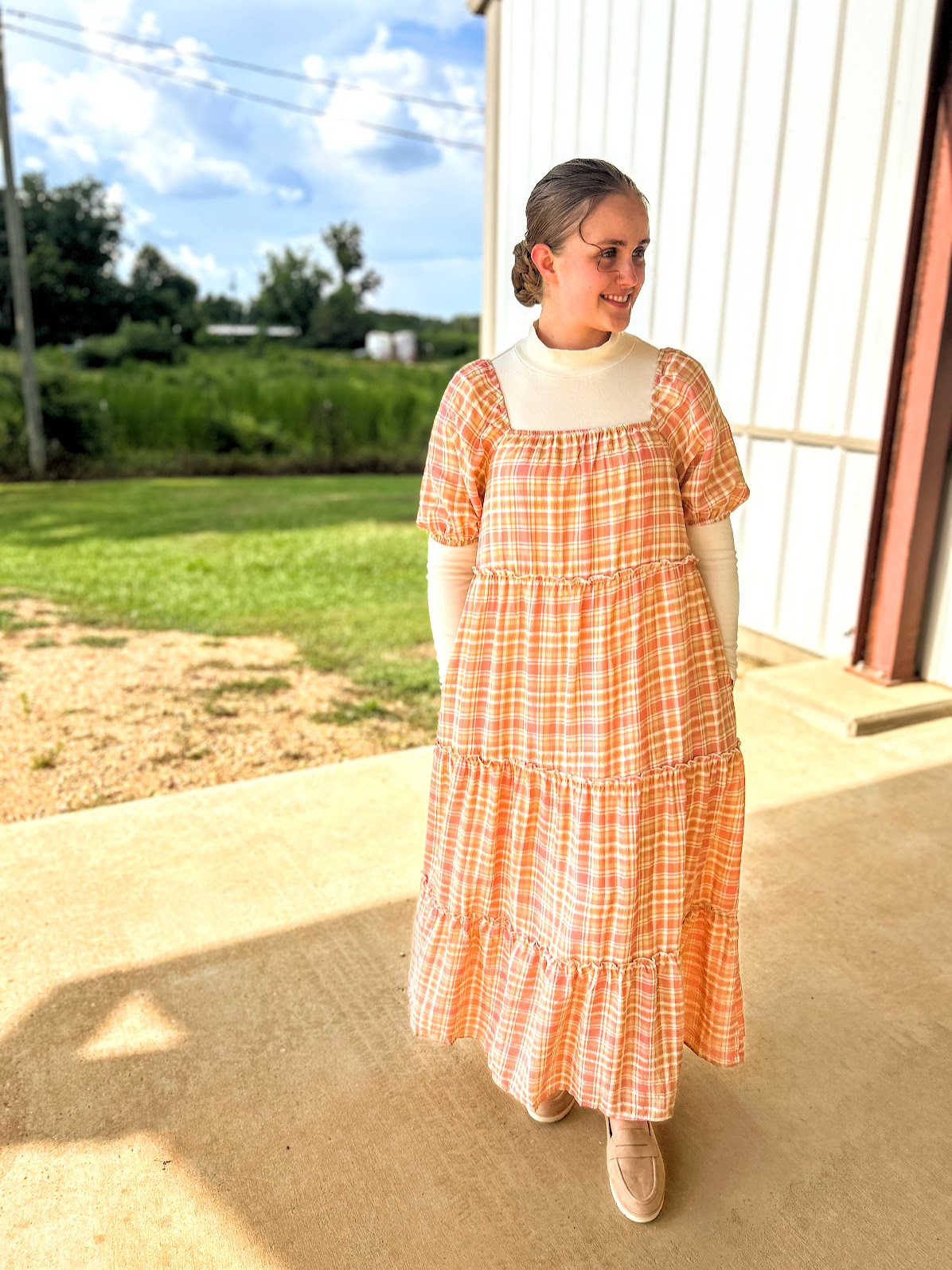 Polagram Plaid Maxi Dress With Bubble Sleeve