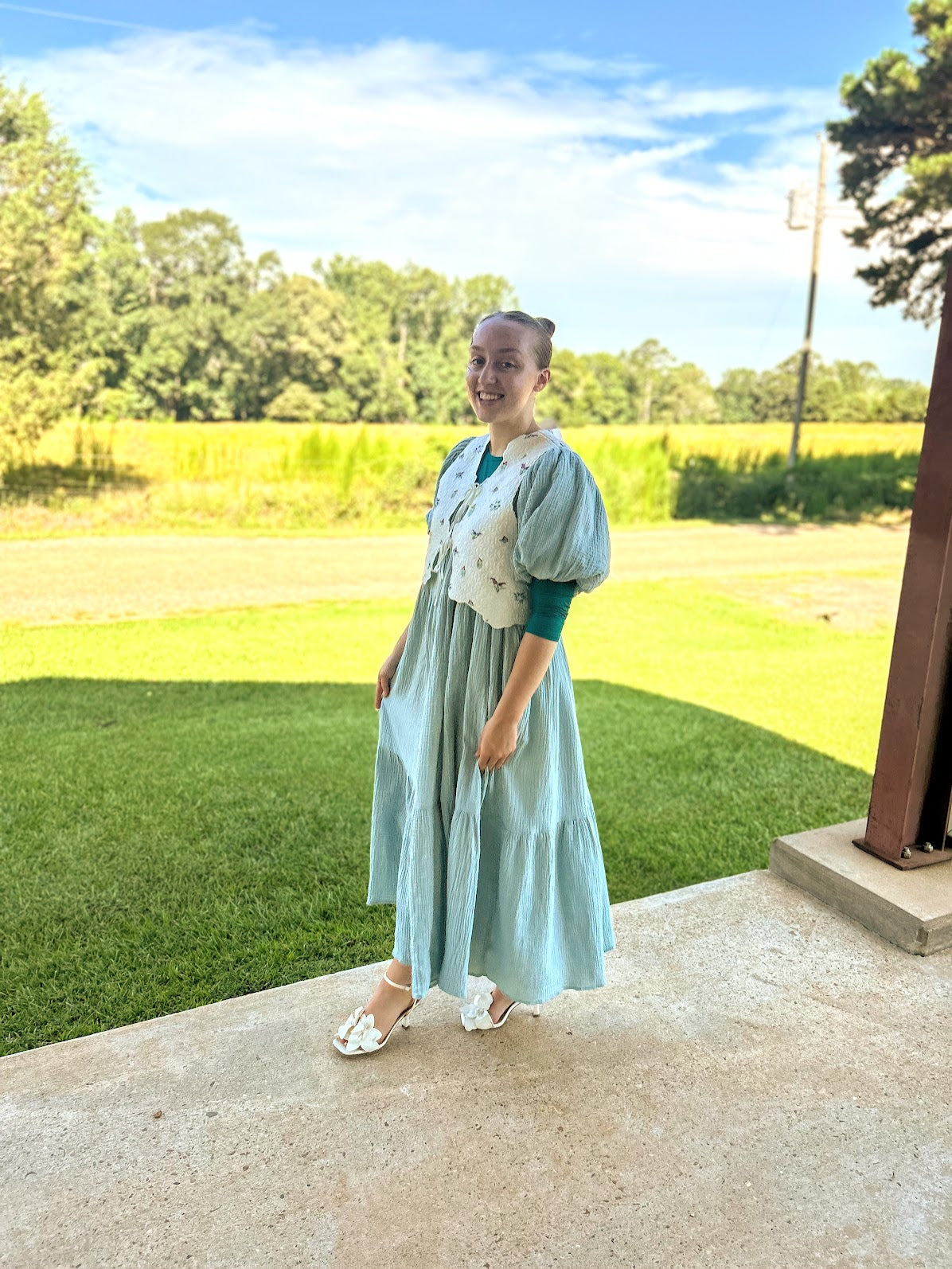 Mable Puff Sleeve Gauze Dress With Braid Belt