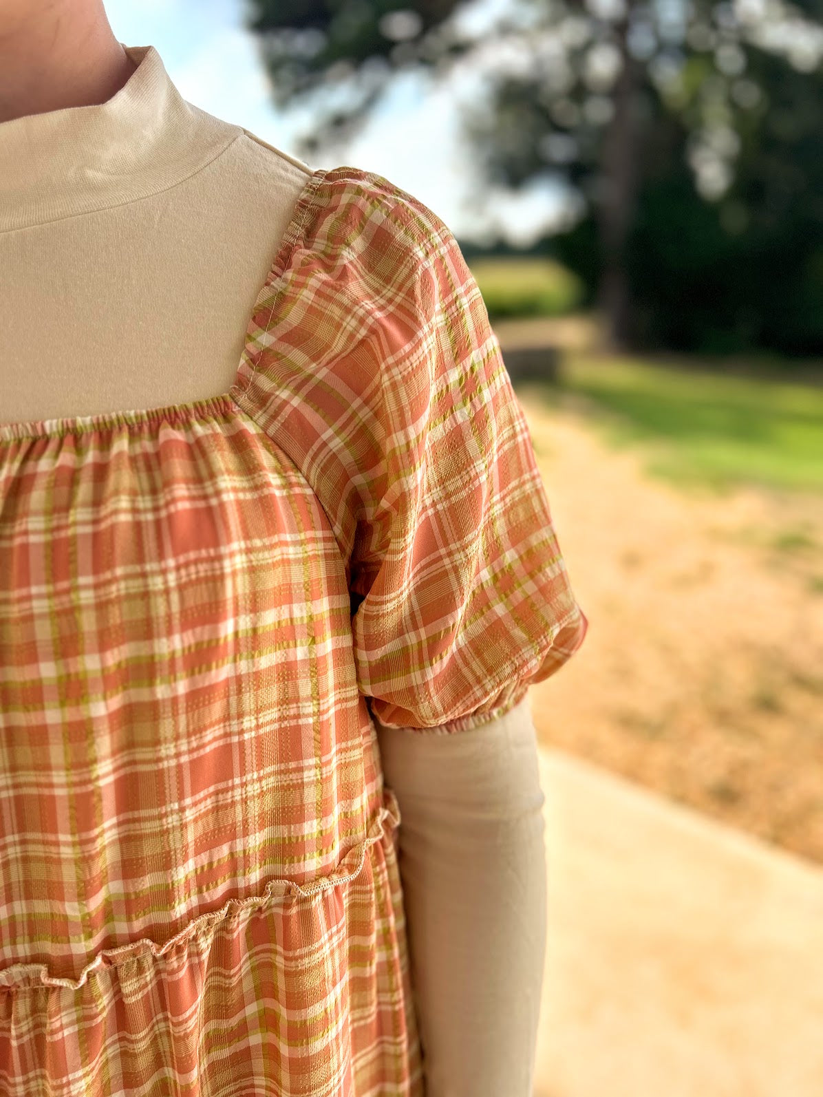 Polagram Plaid Maxi Dress With Bubble Sleeve